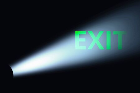 Glowing green exit sign. Sign exit in the rays of light. 3d illustration