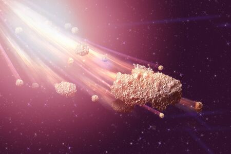 Sci-fi fantastic background - burning and exploding stars, hell, asteroid impact, glowing horizon. Deep space. Attack of the asteroid. Scientific llustration. 3D illustration.の写真素材