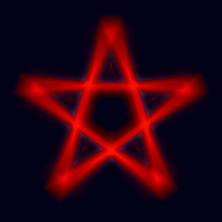 Reversed Pentagram symbol. Wiccan symbols- Cross of Sulfur.Blood red runic spell circle. Satanic sign, Magic casting ring. Pentalpha, Pentangle. 3d illustration.の写真素材