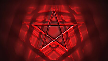 Reversed Pentagram symbol. Wiccan symbols- Cross of Sulfur.Blood red runic spell circle. Satanic sign, Magic casting ring. Pentalpha, Pentangle. 3d illustration.の写真素材