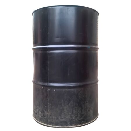 Blank realistic black oil barrel. Old oil barrel isolated on white background.の写真素材
