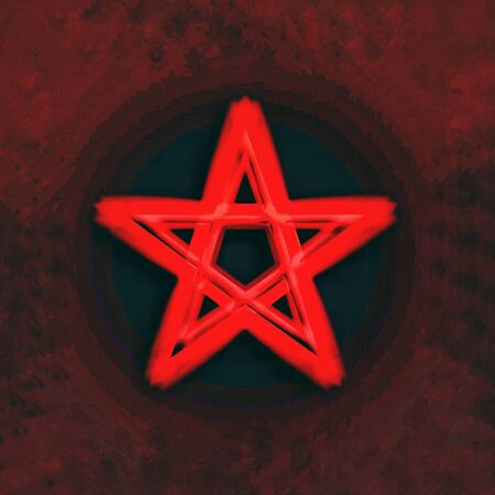 Reversed Pentagram symbol. Wiccan symbols- Cross of Sulfur.Blood red runic spell circle. Satanic sign, Magic casting ring. Pentalpha, Pentangle. 3d illustration.の写真素材