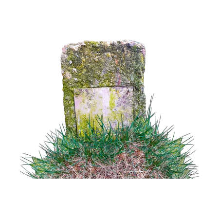 Isolated gravestone on white background. Headstone and grass with Copy Space. Large Tombstone.の写真素材