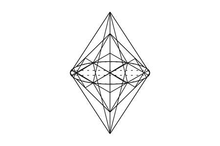 Crossing lines. Mosaic of triangle parts. Golden Section. Energy star. Abstract triangls ethereum classic outline silhouette isolated on white background. Intersection of lines. 3d illustrationの写真素材