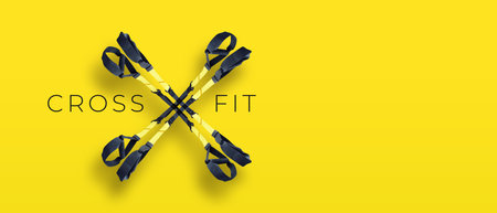 crossfit. Suspension Weight Training. Black and yellow loop functional training equipment on white background isolated. Fitness and Gym workout items for Healthy. Sport accessories, top view.の写真素材