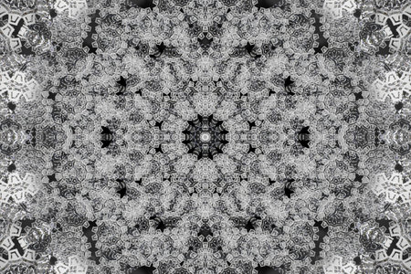Vintage ceramic tiles wall decoration. Grunge background of black and white. Shapes kaleidoscope. Abstract texture of scratch, dust, smudges and lines. Monochrome texture. Image includes a effect the black and white tones. Geometric patterns of moving white particles. abstract background. 3D illustrationの写真素材
