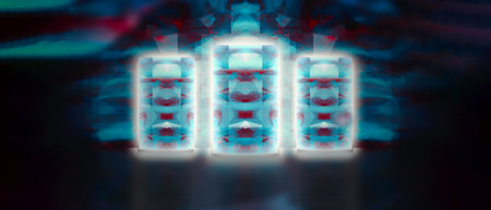 Abstract background with lines and glow. Shining spotlights and empty stage the reflection of neon...