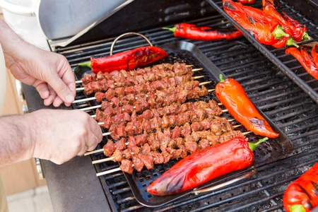 Ten pieces of barbecue and red chilies being grilled.の写真素材