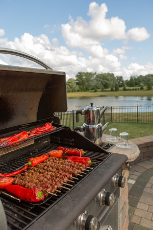 Barbecuing Skewers and red chillies outside.の写真素材