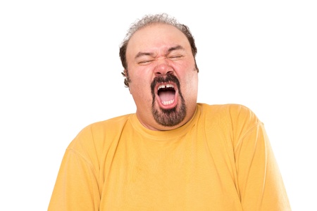 Big man is getting ready to sneeze, stay away, he is not even covering his mouth. Isolated on white.の写真素材