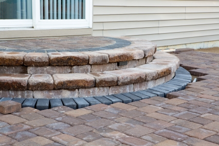 Pavers meets with patio steps and job completion almost done, steps have rain slopeの写真素材