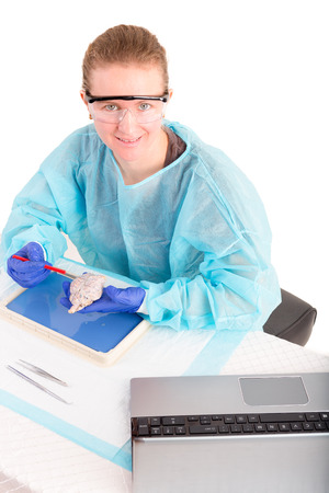 Female pathologist or medical technologist seated at a desk in the laboratory working on a dissection of tissue for an in vitro or post mortem diagnosisの写真素材