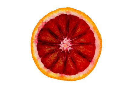 Slice of deep red ruby grapefruit isolated on white for a healthy breakfast rich in vitamin c showing the structure and texture of the pulp and segmentsの写真素材