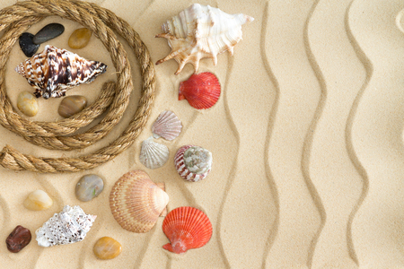 Marine still life with a collection of different seashells, waterworn pebbles and stones and a coiled rope on golden beach sand decorated with ridged wavy linesの写真素材