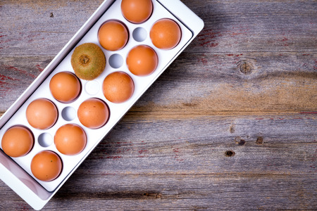 View from above of a single different kiwifruit stored in a tray of farm fresh brown eggs on an old weathered wooden kitchen counterの写真素材