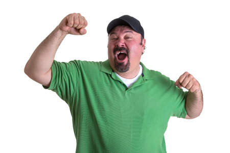 Winning Adult Man Raising his Arm for Victory, Emphasizing Feeling So Good Expression. Isolated on White Background.の写真素材
