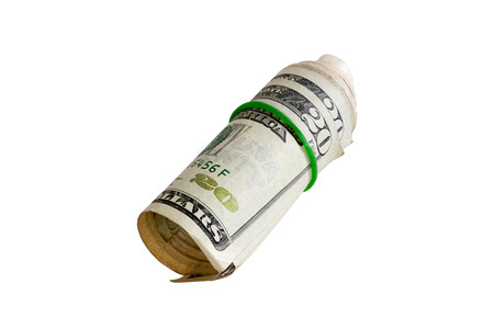 Close up Bunch of 20 US Dollar Paper Bill Rolled with Rubber, Isolated on White Background.