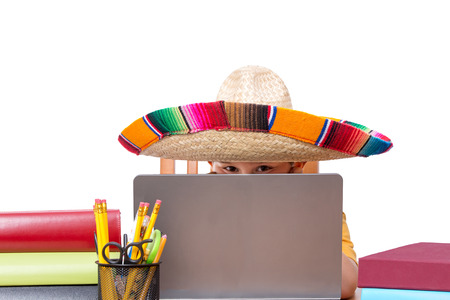 Partially hidden face of child in large colorful sombrero with laptop surrounded by books and pencils over white backgroundの写真素材