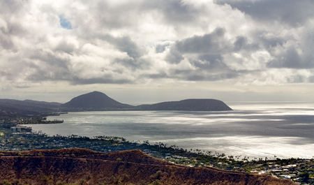 View of the dormant Koko Head Crater, Oahu, Hawaii and Kaihuokapuaa Cape from Diamond Head Crater...