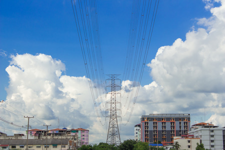 high voltage post.High-voltage tower sky background.