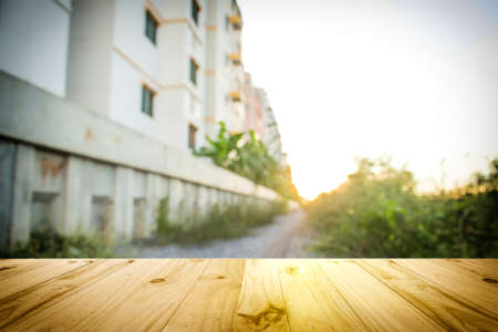 Wood floor top on bokeh abstract backgroundの写真素材