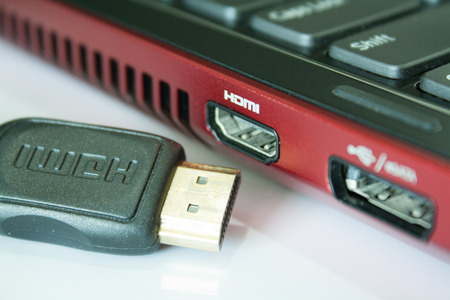 Laptop HDMI Connection close up to HDMI cableの写真素材