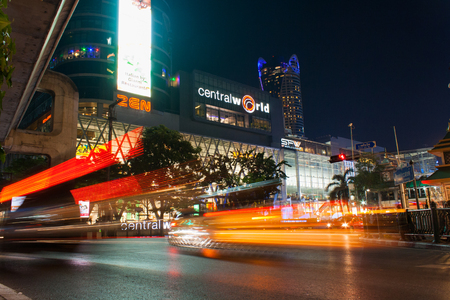 Bangkok,Thailand - April 04,2015: View of night traffic in front of Central World, one of the largest and busiest mall in Bangkok, Thailandのeditorial素材