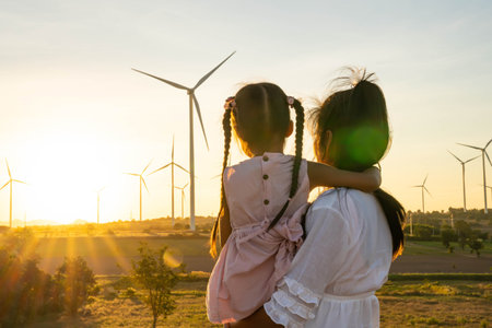 Wind turbines are alternative electricity sources, the concept of sustainable resources, People in the community with wind generators turbines, Renewable energy.の写真素材