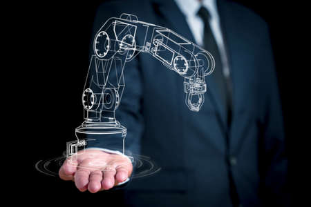 Line graphics depicting a robot's arm on a businessman's hand. Concept of developing robots AI to work for humans in the future.の写真素材