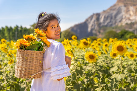 Girls travel in fields of blooming yellow sunflowers in the summer season in sunflowers farm and other flowers.の写真素材