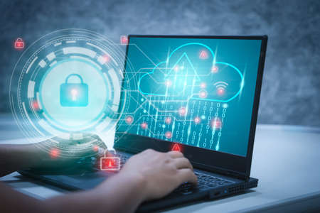 Businessmen work from home on a computer with a keyhole icon for personal access security systems. the concept of cyber information data and privacy on high technology in the present and future.の写真素材