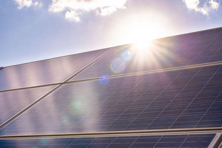 Solar plant(solar cell) with the summer season, hot climate causes increased power production, Alternative energy to conserve the world's energy, Photovoltaic module idea for clean energy production.の写真素材