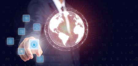Businessman touching to padlock with keyhole icon for personal access security systems, the concept...