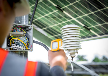 Technicians are checking the temperature of the ambient temp in the solar power plant so that the...