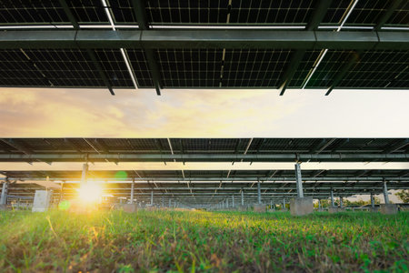 Solar power plant(solar cell) on summer season, hot climate causes increased power production, Alternative energy to conserve the world's energy, Photovoltaic module idea for clean energy production.の写真素材