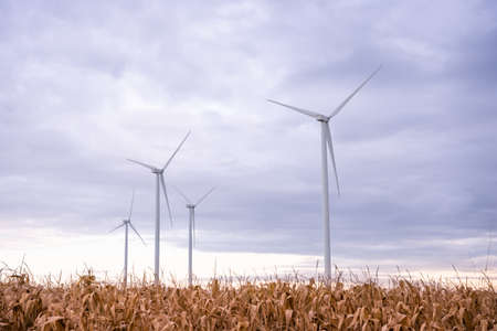 Wind turbines of global ecology with cloud background on the sky. alternative electricity source to...