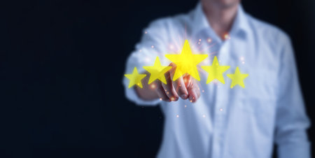 Business people are touching the virtual screen on the star icon to show satisfaction with service....