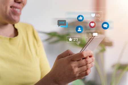 Women using smartphones. The concept of living on vacation and playing social media. Social Distancing, Working From Home concept. Social media and digitally online. Online shopping and transactions.の写真素材