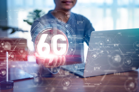 Businessman hand holds Virtual Reality screen. Future technology 6G network wireless systems and internet of things. Wifi and Smart city communication networks on smartphones, Global wireless devices.の写真素材