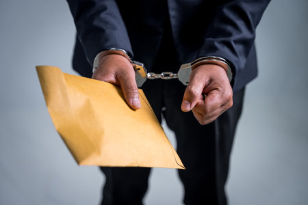 Being arrested for breaking the law, Businessman being handcuffed with brown money envelope,...