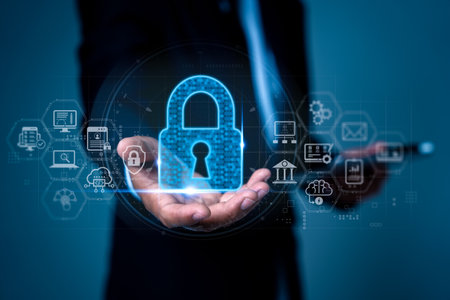 Business with technology. Concepts of surveillance and security scanning of digital program cyber...