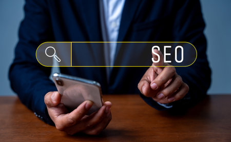 Search engine optimization marketing ranking. Working on smartphone with the icon of online search...