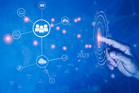 futuristic digital processing of biometric identification fingerprint scanner. Concept  Digital transformation for next generation technology.surveillance and security scanning of digital futuristicの写真素材