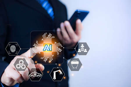 AI (Artificial Intelligence) Technology networks connecting wireless devices. AI technology is...