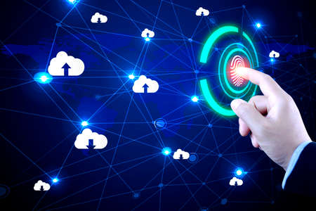 futuristic digital processing of biometric identification fingerprint scanner. Concept  Digital transformation for next generation technology.surveillance and security scanning of digital futuristicの写真素材