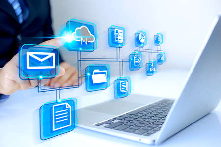 Information Technology Networks Internet Connecting Wireless Devices around the world. Information Technology is Essential to Businesses in the Digital world with  and Icons Connected to each otherの写真素材