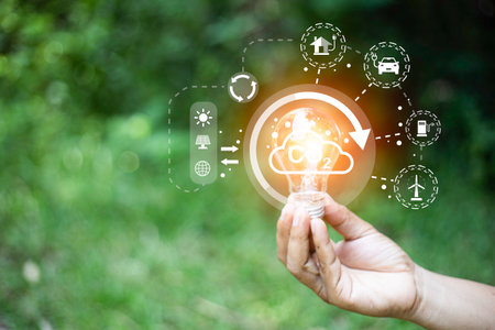 eco friendly energy. Innovation technology eco green concept. Icon bulb energy sources for renewable on green blur background.Concept with innovation inspiration. Idea innovative from the big dataの写真素材