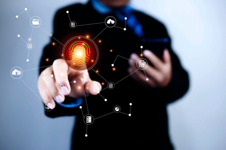 futuristic digital processing of biometric identification fingerprint scanner. Concept  Digital transformation for next generation technology.surveillance and security scanning of digital futuristicの写真素材