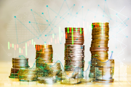 coin is placed as a graph showing the success of the income fund. Business success concept, wealth, investment, stock in the digital age. Digital transformation for next-generation technology.の写真素材