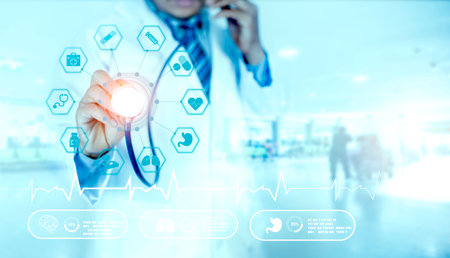 Medical Technology diagnosis of medical treatment concepts. Doctor and stethoscope of touch icon. Medical Technology analysis the Network connection virtual screen interface. Hospital blur Backgroundの写真素材